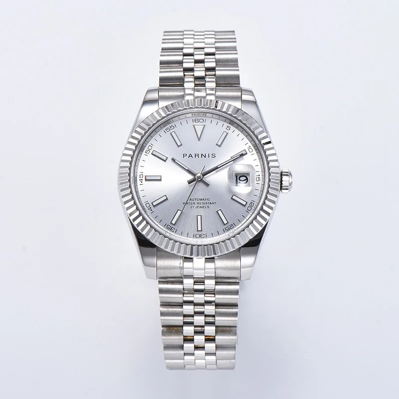 

Парнис 39,5 мм Для мужчин s деловые часы Серебристые Нержавеющая сталь браслет с календарем серебряный циферблат Автоматические наручные часы Для мужчин