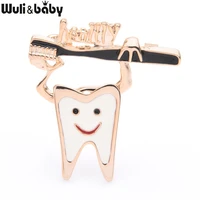 wulibaby enamel tooth toothbrush brooches women alloy silver color tooth healthy dentist brooch pins new year gifts