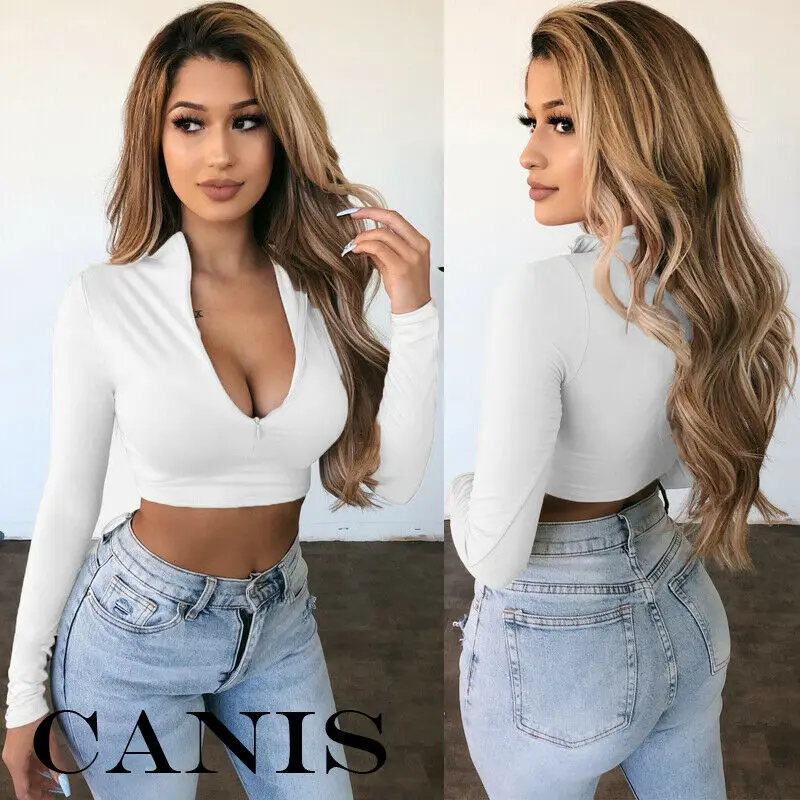 

Womens Long Sleeve Sexy Crop Top Summer Zip Up Slim Fit T Shirt Tank Tops Blouse