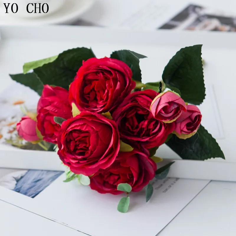 

YO CHO Peonies Artificial Flowers Roses Red 6 Heads/Bouquet Pink White Peony Bouquet Wedding Home Decoration Yellow Fake Flowers