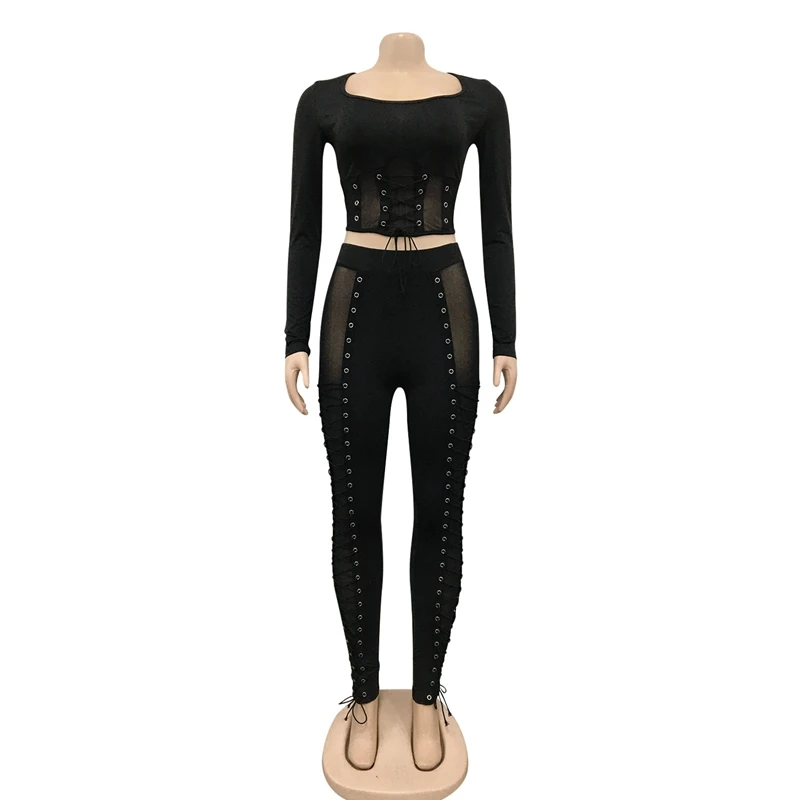 

YUNBBZ Sexy Mesh Sheer Two Piece Club Outfits Bandage Crop Top Bodycon Pants Women Fsahion Streetwear Night Party Matching Set