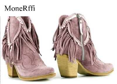 Новинка женские ковбойские ботинки с бахромой повседневные замшевые на низком
