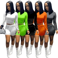 new women printed two piece set long sleeve crop top bodycon shorts sports jogger gym cloth fitness tracksuit female clothing