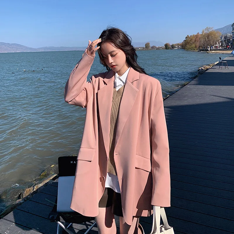 

MSXU Women Blazer Jacket Pink ColorCasual Work Suit Coat Big Pockets Long Sleeve Fashion Suit Blazers Female Ropa De Mujer