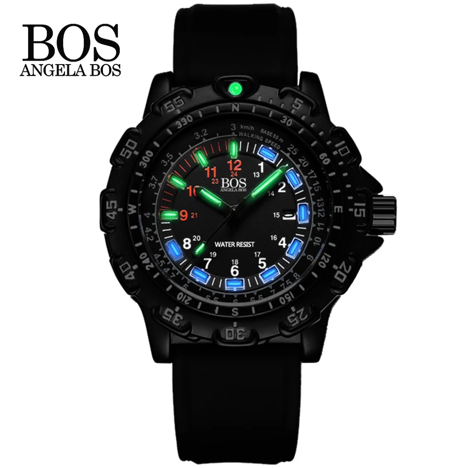 ANGELA BOS светящиеся военные часы мужские роскошные брендовые сапфировые кварцевые