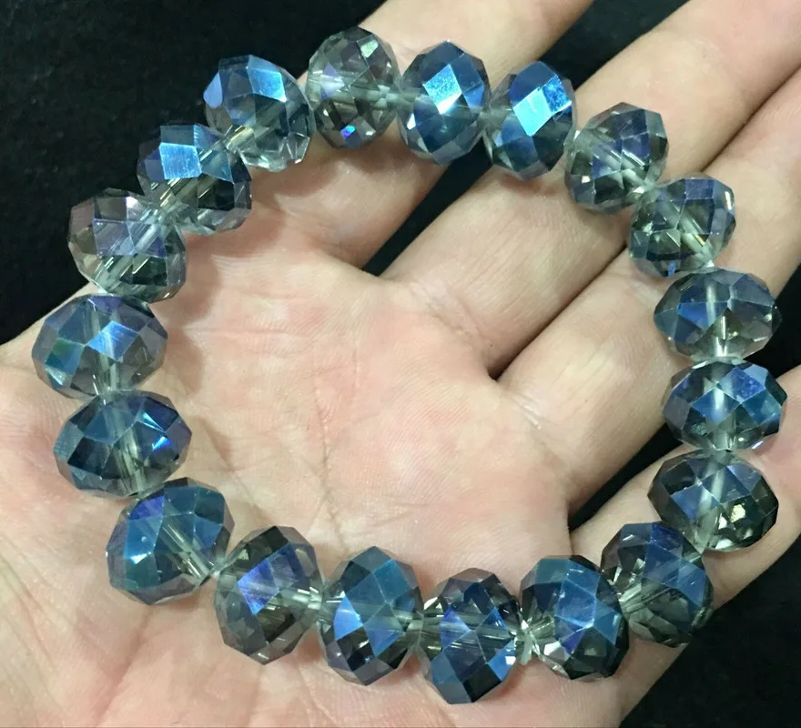 

New 14MM faceted blue multicolor crystal gem elastic bracelet 7.5"