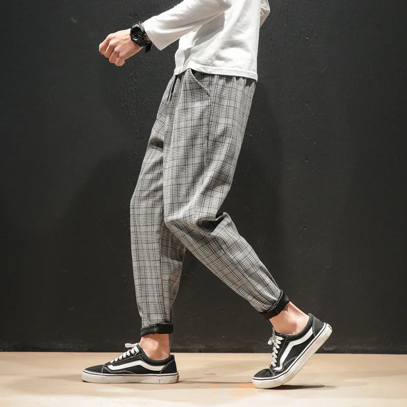

Брюки мужские клетчатые в японском стиле, трендовые винтажные облегающие повседневные штаны, шаровары в Корейском стиле, осень 2021