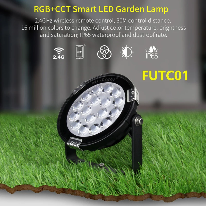 

FUTC01 9W RGB+CCT LED Garden Light DC24V/AC86~265V IP65 Waterproof Outdoor LED Lighting WiFi Compatible 2.4G Wireless Remote