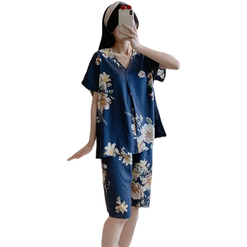 

Short-Sleeved Pajamas Women's Summer Thin Artificial Cotton Silk Home Wear Young Mother Loose Large Size Bourette Suit