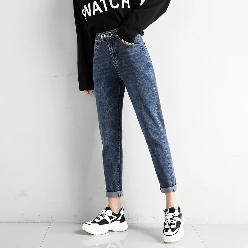 

Джинсы женские с завышенной талией, на весну и осень, новинка 2021, повседневные тонкие эластичные прямые укороченные брюки-султанки