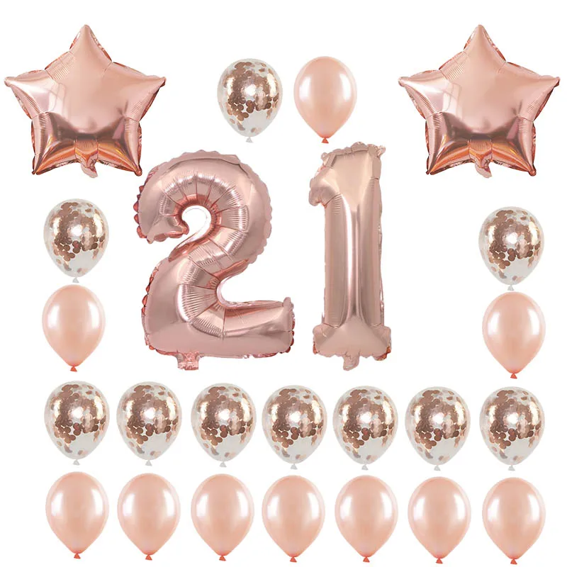 Розовое золото 21 день рождения украшения с днем воздушные шары баннер попкорн