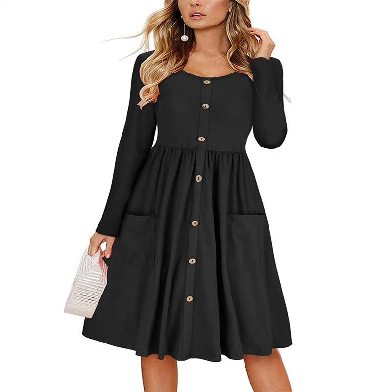 

Women's V Neck Button Down Skater Dress with Pockets