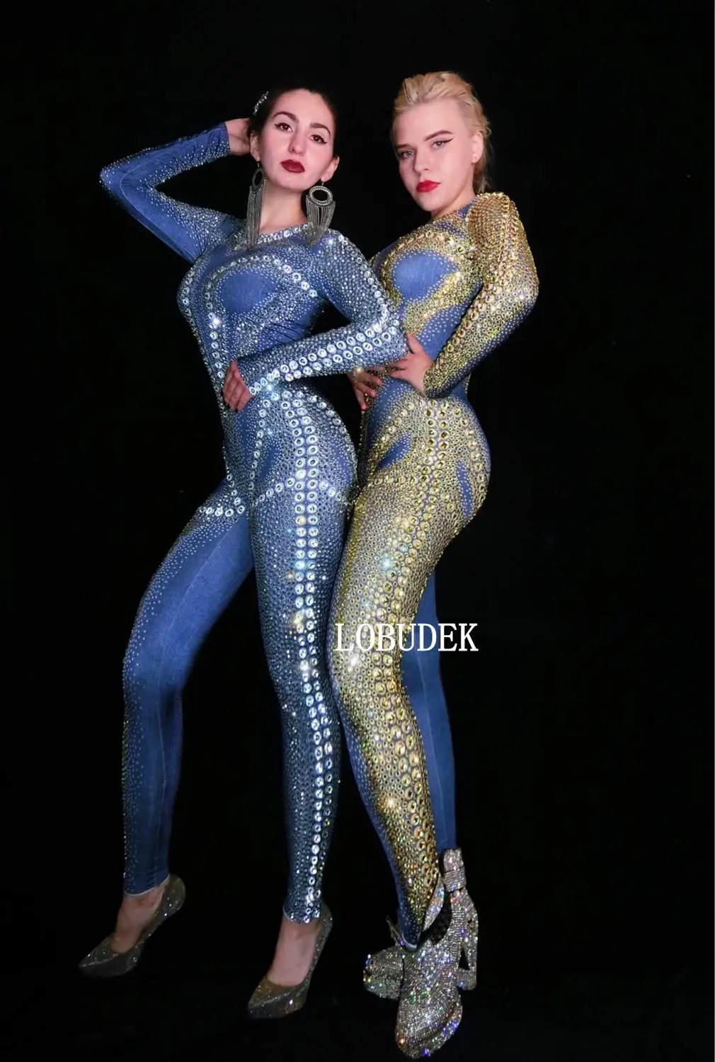 

Full Rhinestones Gold Silver Stones Jumpsuit Elastic Crystals Rompers Tights Women Singer Dancer Evening Performance Stage Wear