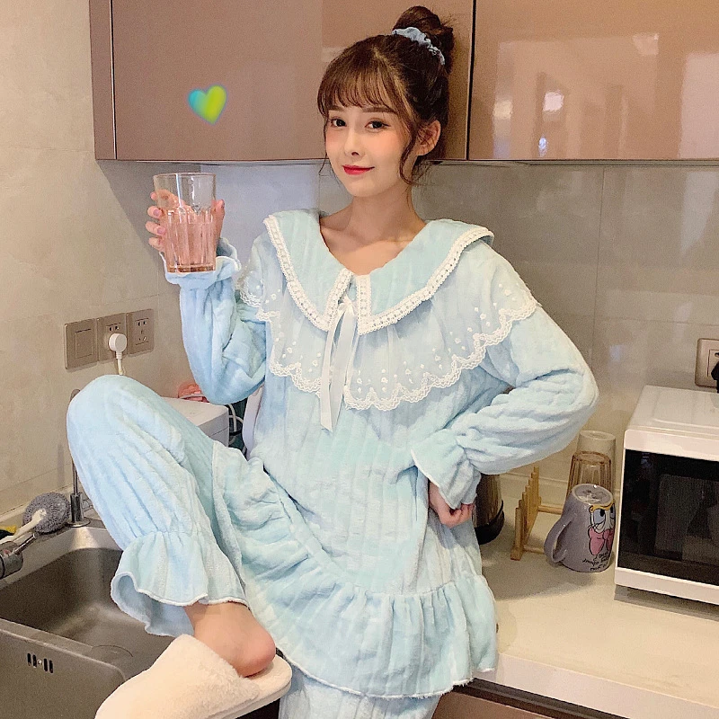 

Coral velvet pajamas women's autumn and winter plus velvet thick long-sleeved trousers cute and sweet casual Homewear suit