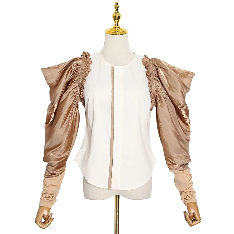 

Patchwork Pearl Pleated Bubble Sleeve Crewneck Slim Fit Retro French Shirt Design Sense Top Women