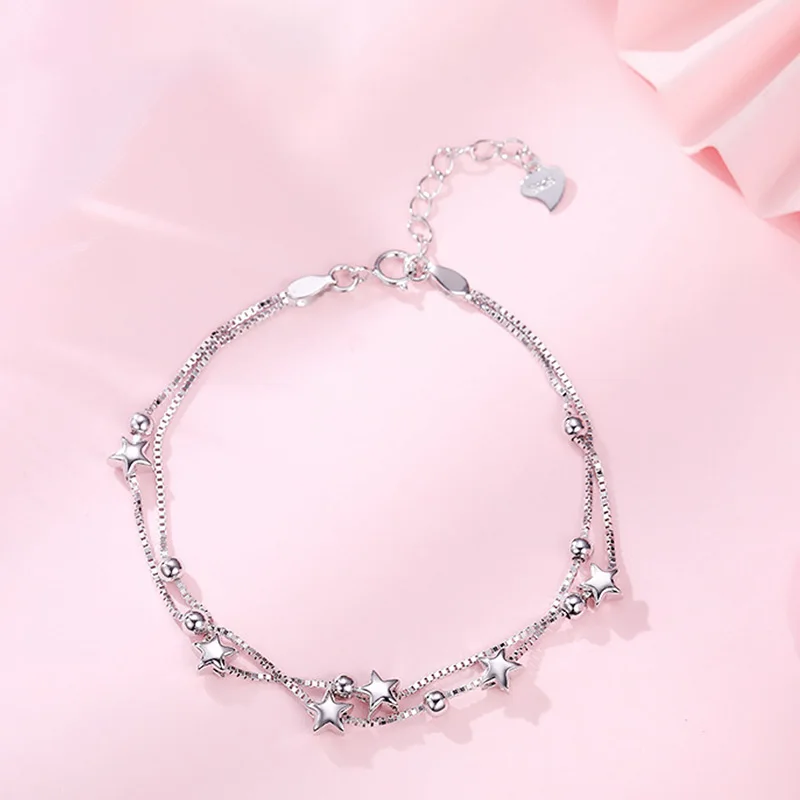 Браслет женский из серебра 925 пробы с двухслойными бусинами-звездами | Украшения