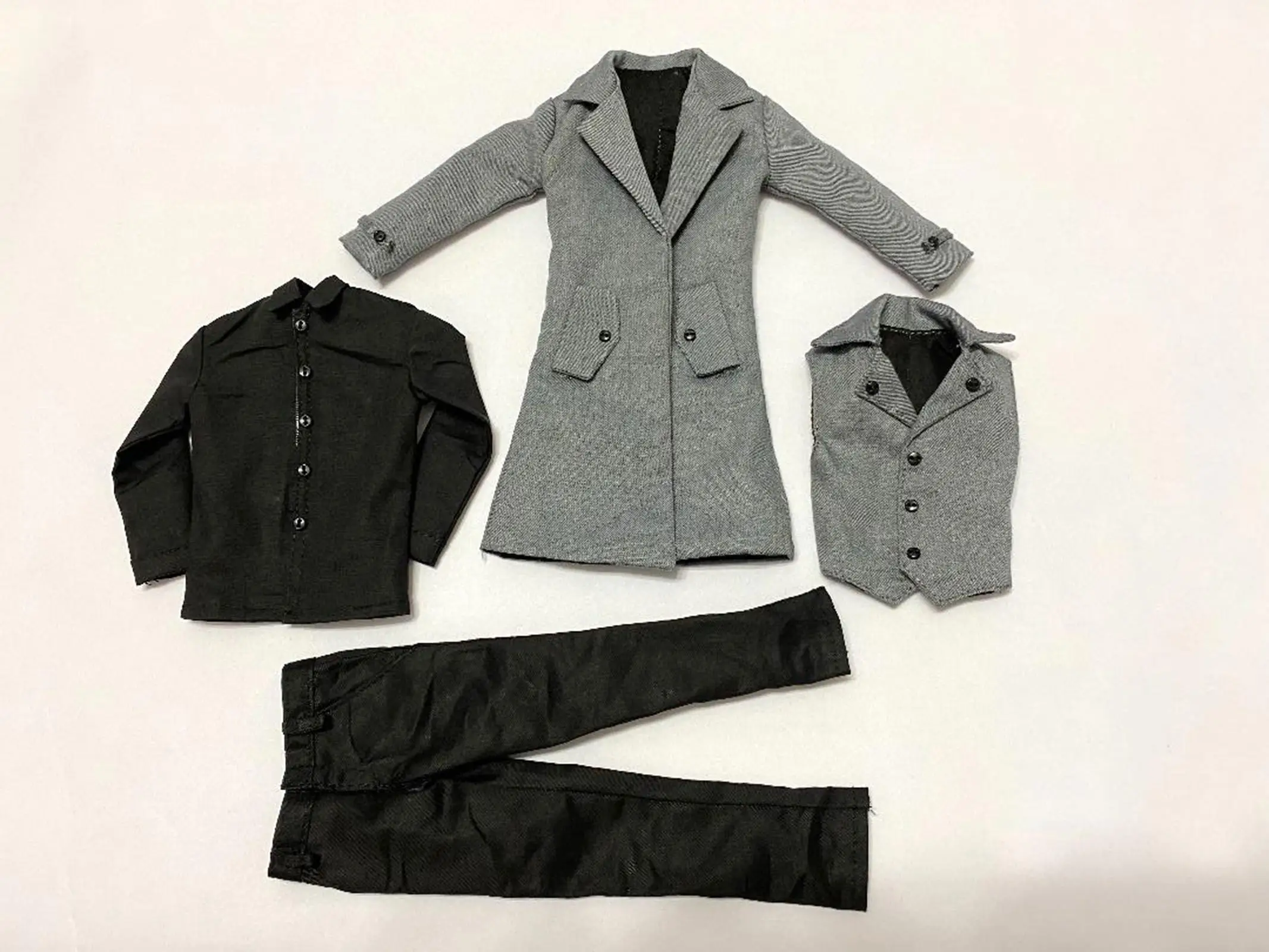 

1:6 12 Inch men's Clothing Accessories Gothic Male Soldier Grey Coat Vest Shirt Suit CC307