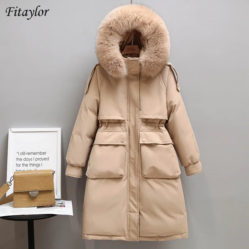 

Winter Phyaylor Women Long Jacket Long Leather Collar with Hood Parkas 90% White Duck Down Jacket Thickness Hot Snow Outwear