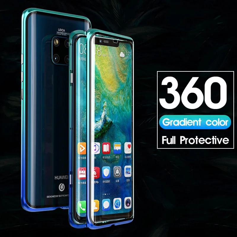 Gradient Green Магнитный 360 Полный Чехол для huawei mate 20 Pro P30 mate 20 металлический корпус Передняя Задняя крышка из закаленного стекла huawei mate 20 Pro чехол s On - Цвет: Gradient Green