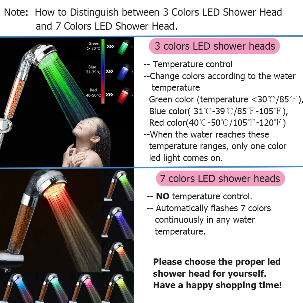 

3/7 Color Changing LED Shower Head Temperature Control High Pressure Water Saving Hand Bathroom Anion Spa Shower Head
