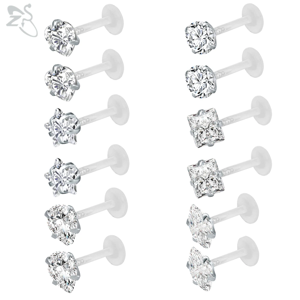 

ZS 10-12Pcs/lot 16G Clear Bioflex CZ Crystal Labret Monroe Lip Ring Set Ear Helix Tragus Cartilage Earring Stud Piercing Jewelry