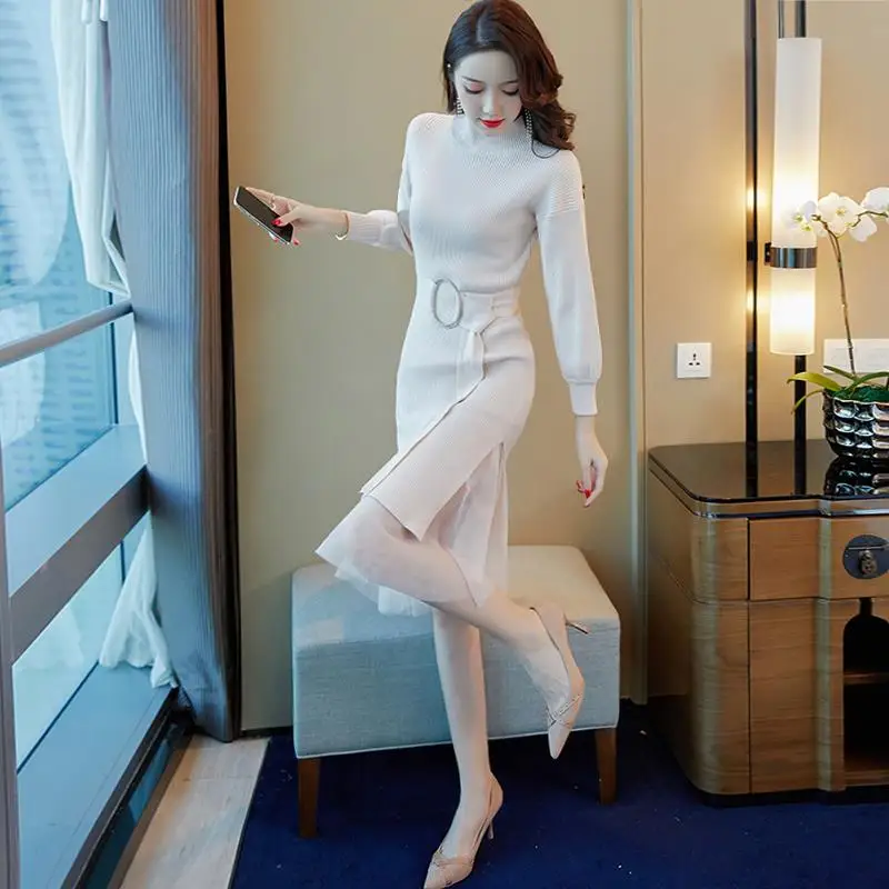 Sweater knitted dress 2019 new women's autumn and winter wear long over the knee two-piece skirt suit | Женская одежда