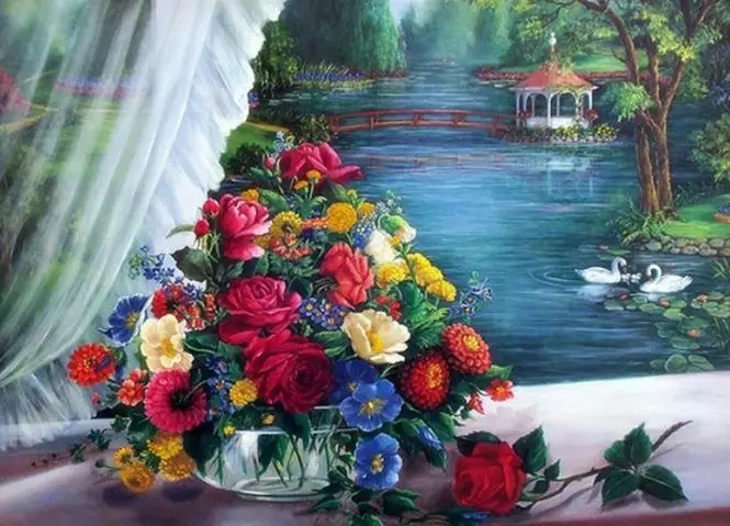

Div 5D Seaside Windowsill Vase Gazebo Swan Flower Full Diamond Painting cross stitch kits art Scenic 3D paint by diamonds