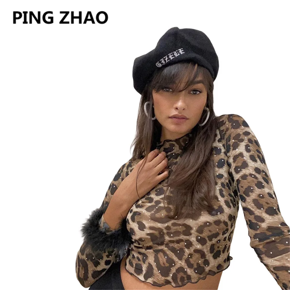 

PING ZHAO Sexy Leopard Print Cropped Ruffle Crop Top Women Chic Thin Section Streetwear Club Skinny Tshirt