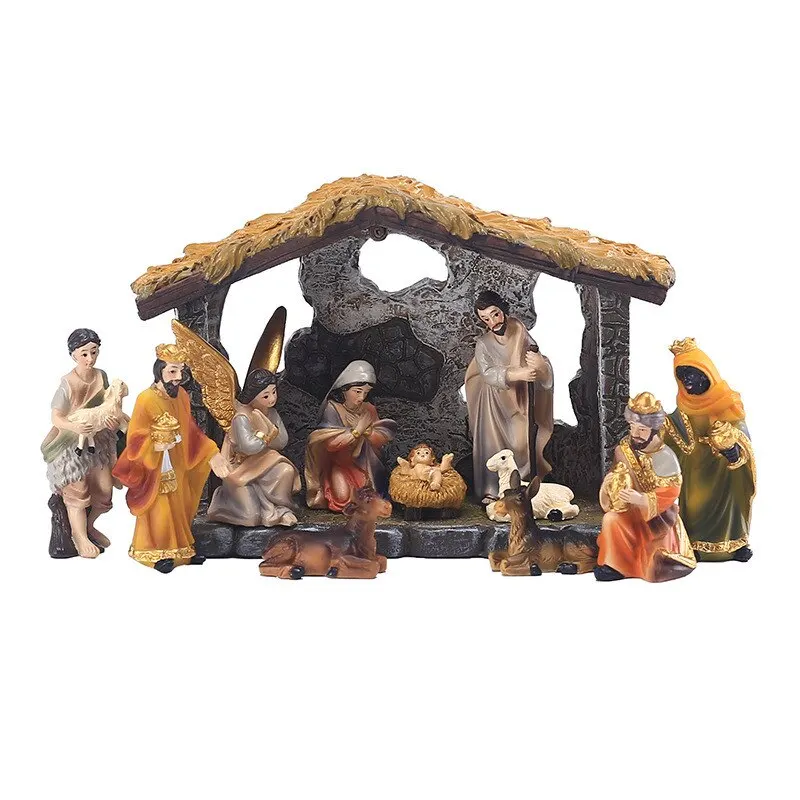 

Miniature Nativity Manger Scene Statue Christmas Baby Jesus Crib Figurine Resin Craft Ornament Religious Church Catholic Gift