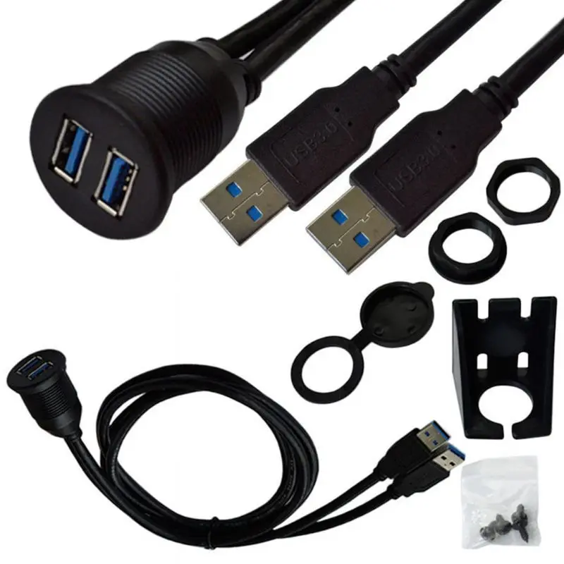 

1m Dual USB 3.0 Male to USB 3.0 Female AUX Car Flush Mount Extension Cable for t.u.k.Boat Motorcycle Dashboard Panel