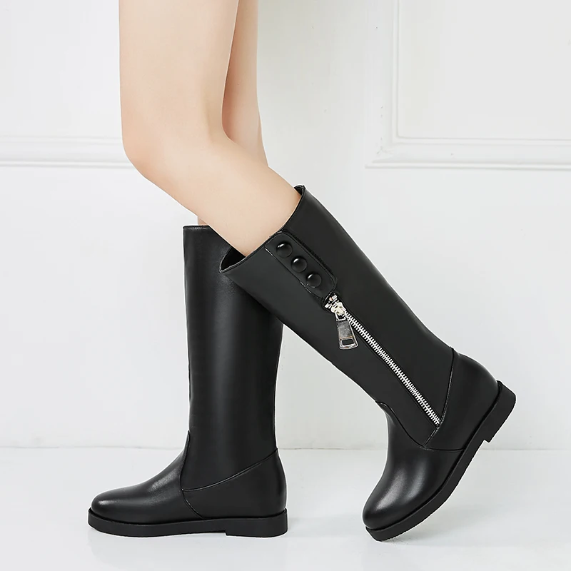 Fashion Zipper Knee High Boots Pu Leather Women Comfortable Flat Heels Long Autumn Winter Ladies Shoes Black White | Обувь