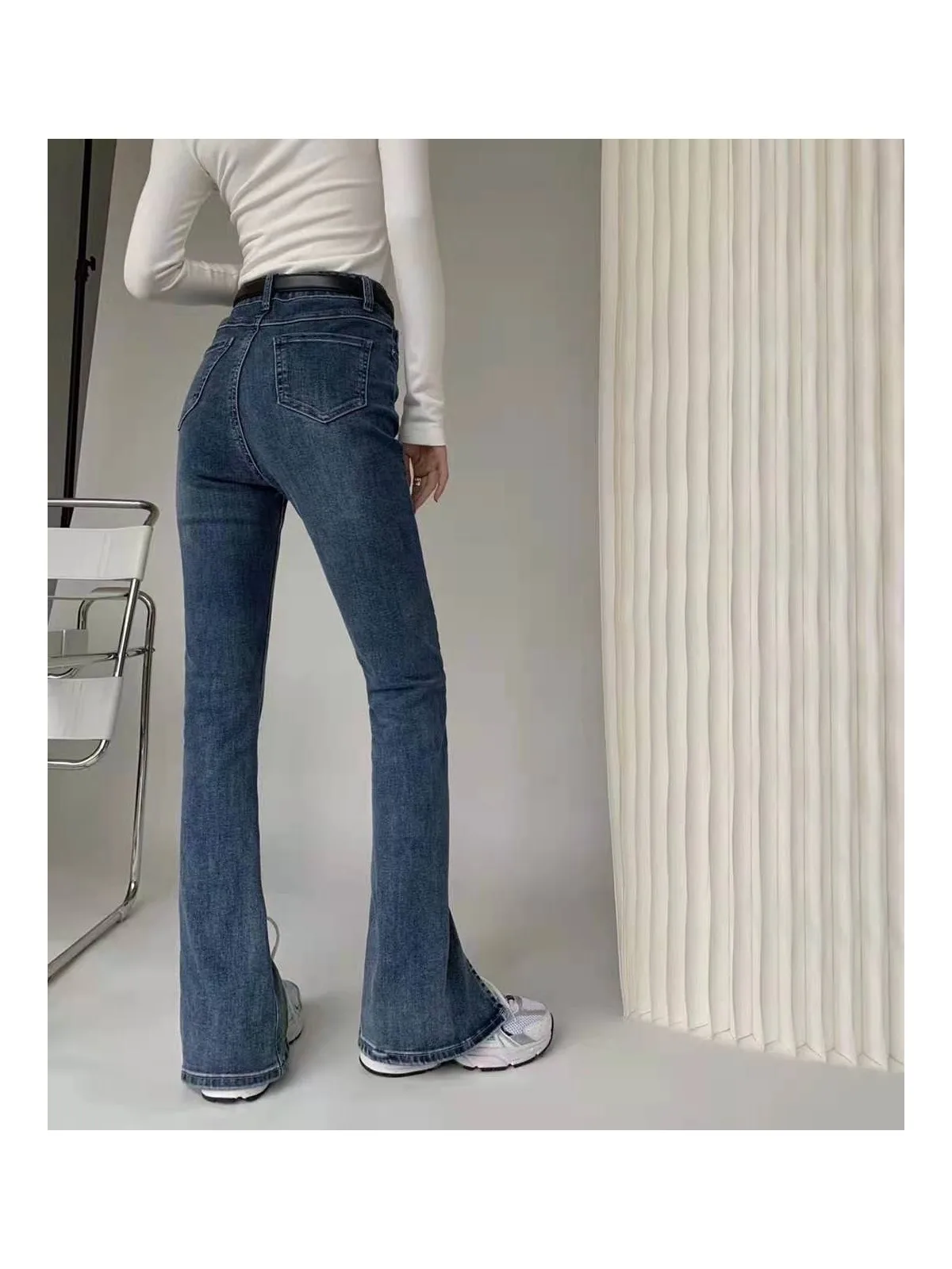

HECATE SA Korean slim thin high-waisted wide-leg pants vintage Front slit jeans women spring blue micro flared trousers vintage
