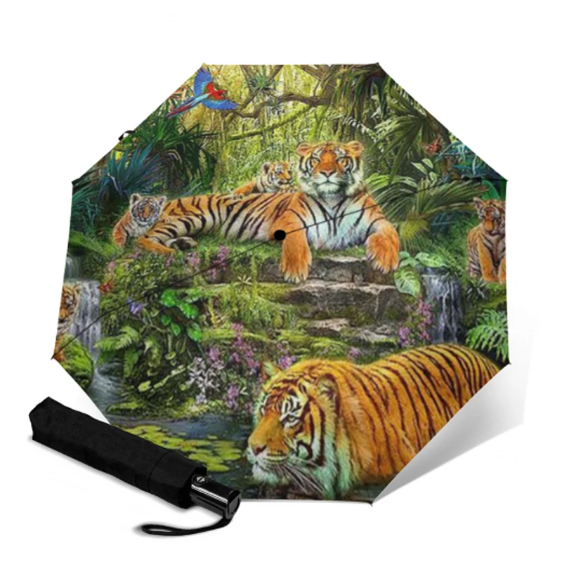 Дорожный полностью автоматический зонт женский с принтом тигра защитой от