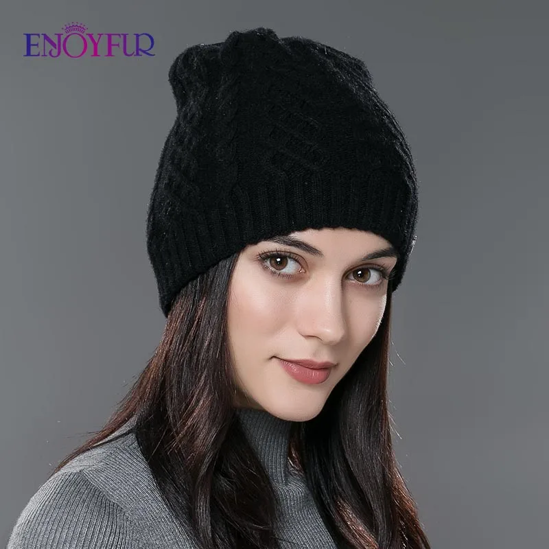 ENJOYFUR женские шапки осень/зима эластичная трикотажная шерсть хлопок Gorro однотонные разноцветные шапочки шапка высокого класса милые повседневные Шапки