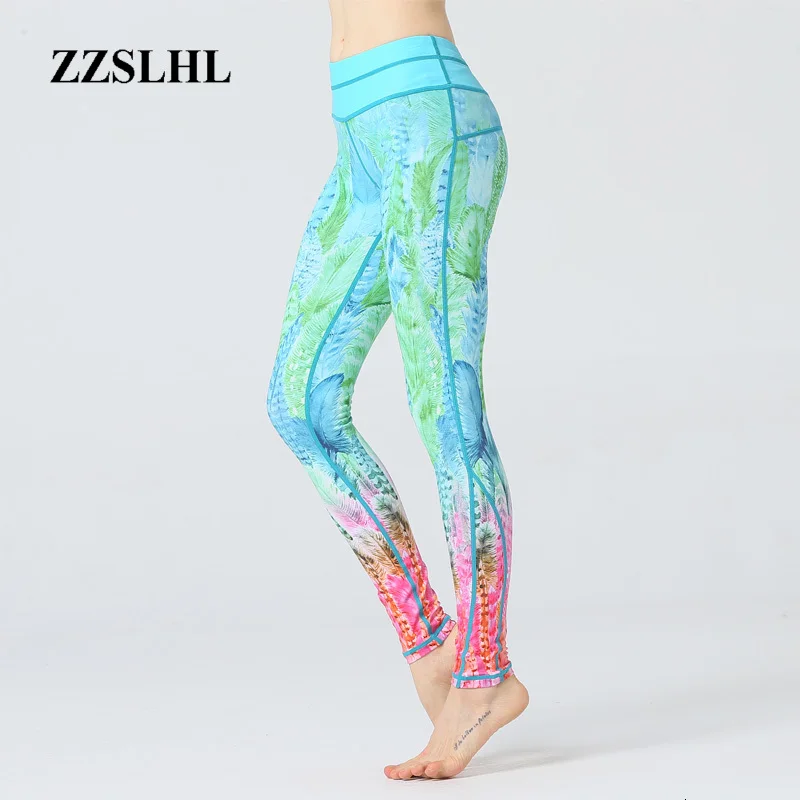 digital printing Mint Green Art Leggings high waist band Elastic yoga pants Fitness Slim Sporty Gym for Women Trousers | Спорт и