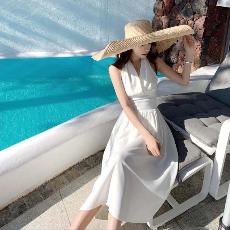 Женское летнее платье однотонное сексуальное с глубоким v образным вырезом без