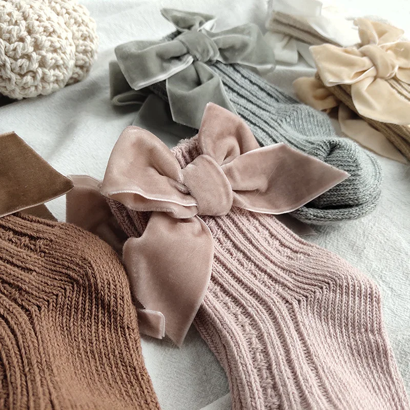 Calcetines tobilleros de algod&oacute;n con lazo grande para ni&ntilde;os, calcetines tobilleros chicas, para el suelo del beb&eacute;, gruesos, c&aacute;lidos, para Oto&ntilde;o e Invierno-2