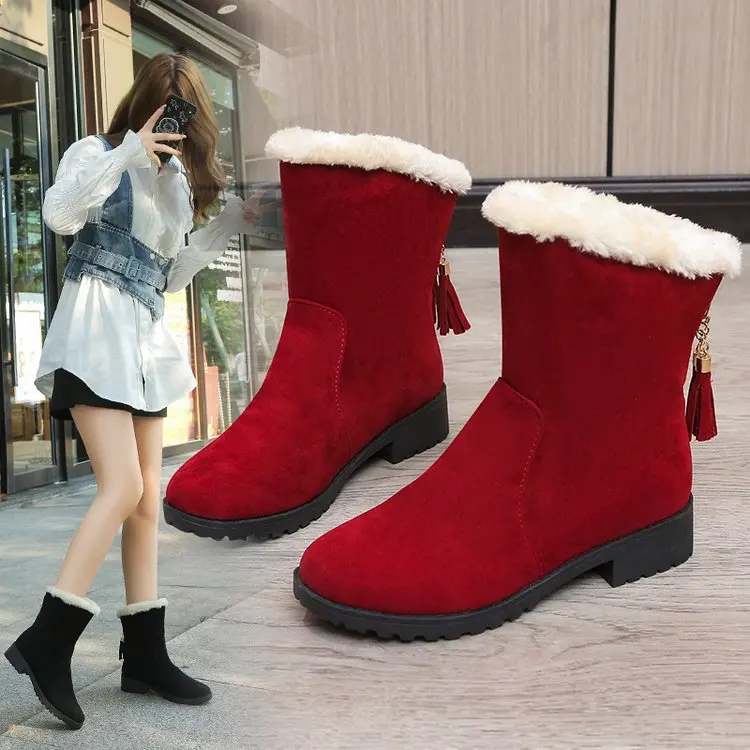 

Winter 2021 Thick Bottom Plus Velvet Warm Boots Women Fashion Simple Suede Fringed Snow Boots Women Platform Boots