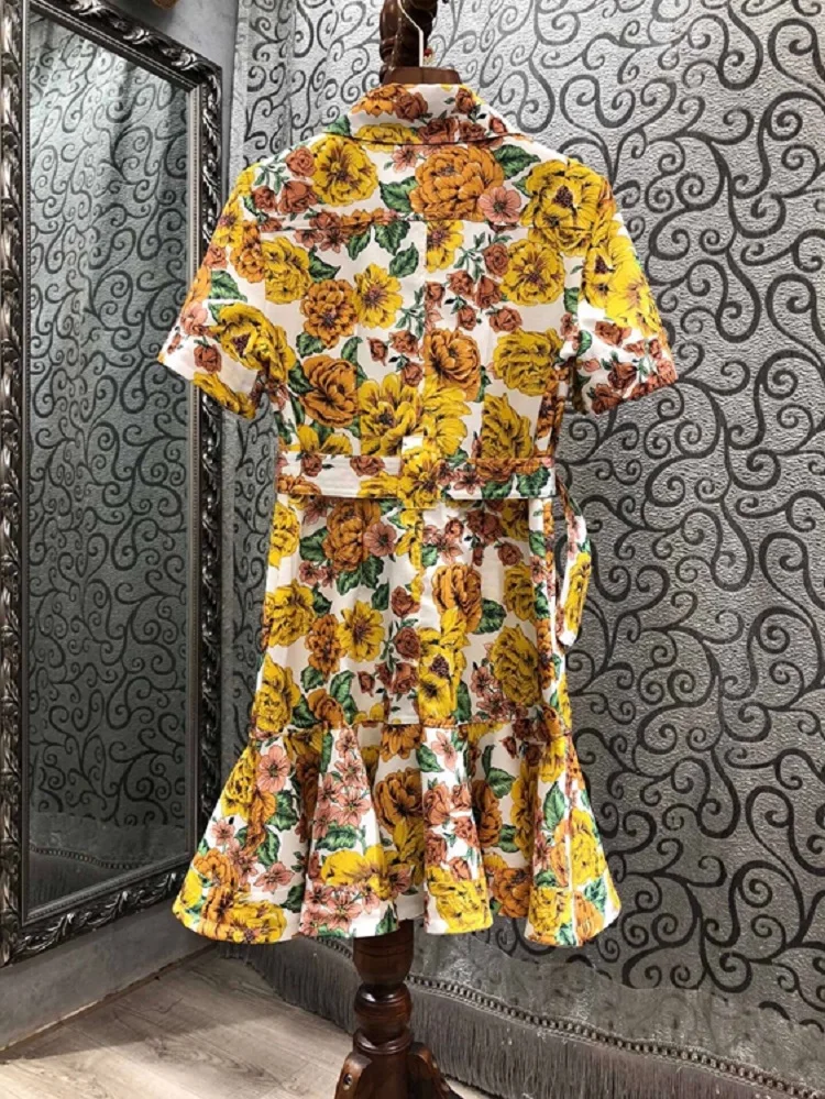 

Newest Fashion Dress 2021 Spring Women Turn-down Collar Yellow Floral Print Chest Pocket Deco Short Sleeve Sexy Ruffle Dress