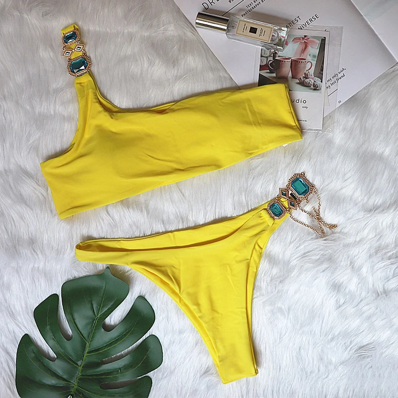 

Women Sexy Shiny Diamond Solid Bikini Sets Female Summer Swimsuit Two-pieces Bikini Set One Shoulder Bather Padded Bathing Suit