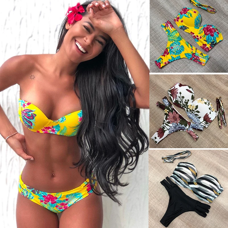 Floral Print Bikini Female Swimswear Bandeau Biquini Bandage Swimsuit Women Bathing Suit Push Up Set Sexy Bikinis 2020 | Женская одежда