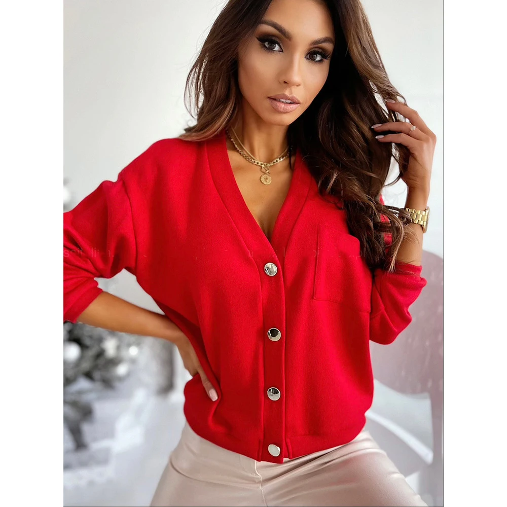 

European American Popular Spring Summer Hot-Selling Fashion Long Sleeve V-Neck Loose Pocket Button Cardigan Bottoming Shirt