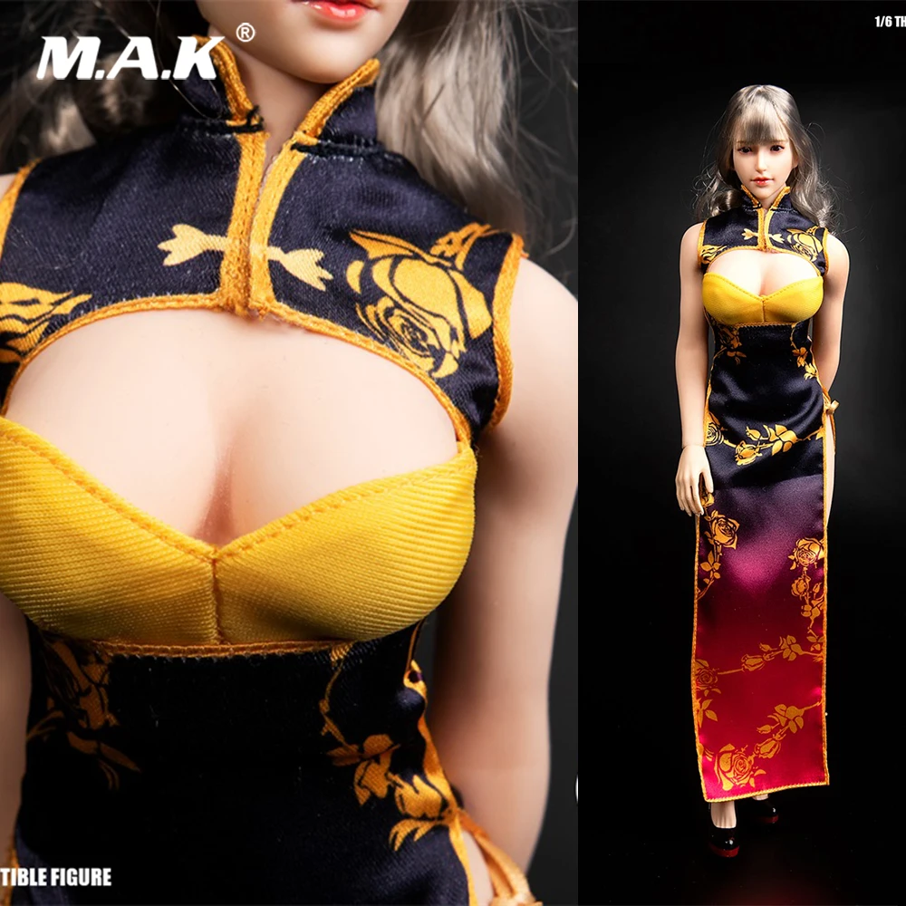 

В наличии TYM062 1/6 весы женской фигуры фантазия золотые бутылки парча Cheongsam Золотой нижнее белье одежда модель для 12''Body