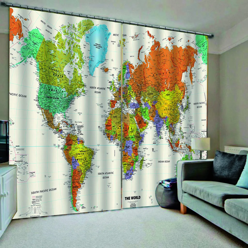 Светонепроницаемые шторы с цифровой печатью карты мира для детской комнаты