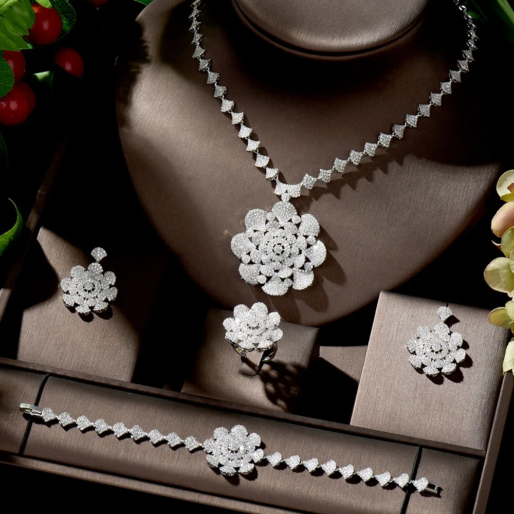 

HIBRIDE Charm Dubai Jewelry Sets for Women Big Flower Design Cubic Zirconia Jewelry Necklace Set parure bijoux femme mari N-1308