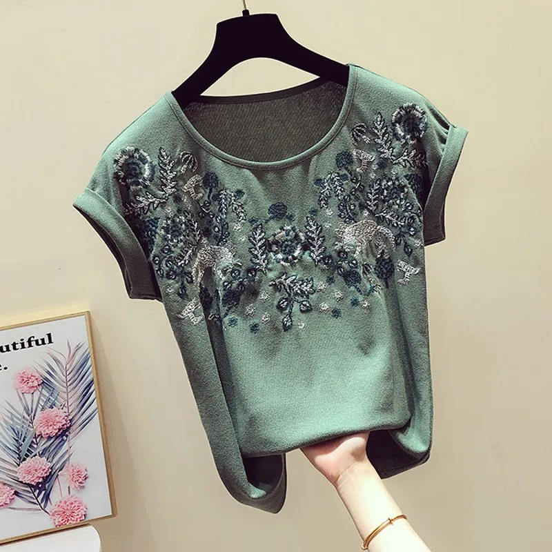

Retro embroidered T shirt Women 2020 Summer Korean Round Collar Curly Cuff Short-sleeved T-shirt Casual Shirts Lady Tops Femme