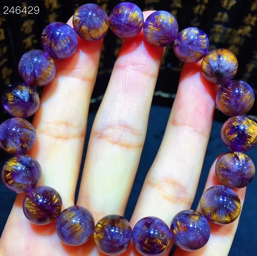 

10,8 мм естественного фиолетового цвета какоксен Золото Рутиловый Кварц Браслет для женщин хрустальные прозрачные круглые бусины из натурал...