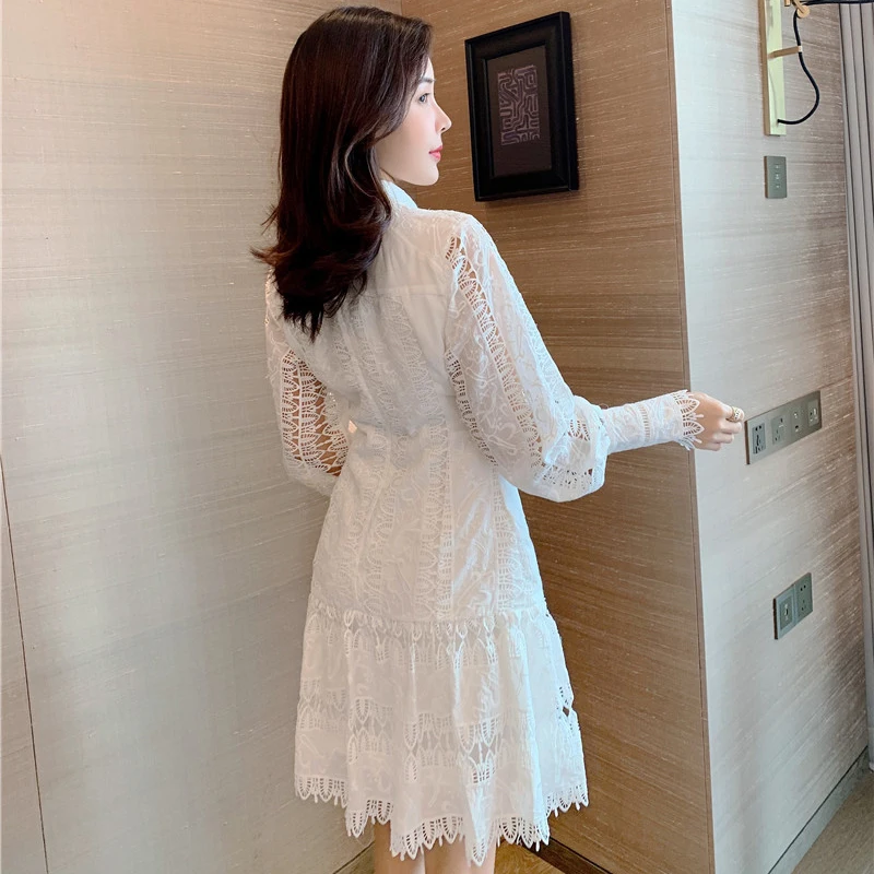 

White Hollow Mini Dress Women Lantern Sleeve Embroidery High Waist Ball Gown Women Runway Party Dress Casual Vintage 2020 B457