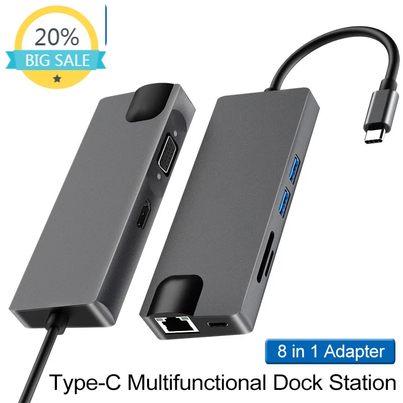 

Type-c to HDMI VGA 8 in 1 Docking Station Computer Converter with Broadcom NetXtreme Gigabit Ethernet for Apple