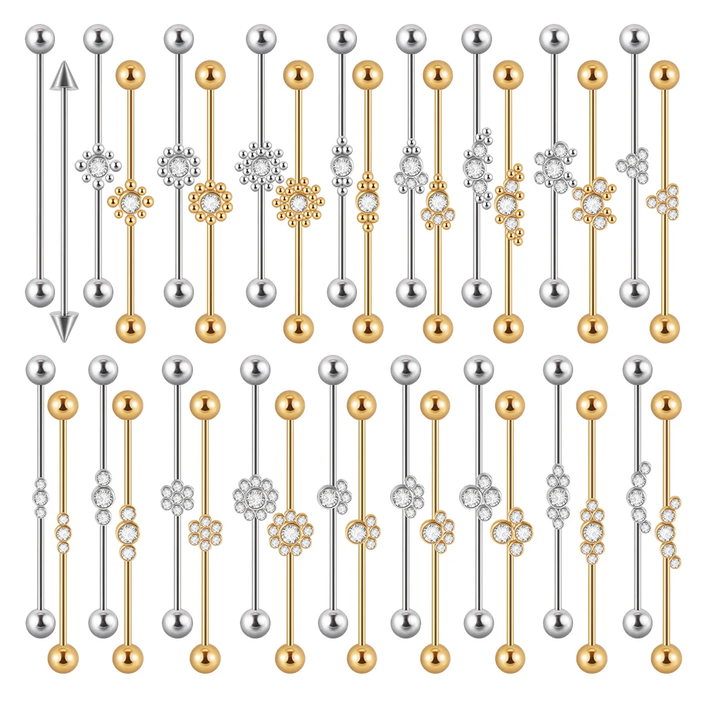 

1PC Surgical Steel Industrial Barbell Ring Cz Flower Ear Straight Barbell Ring Body Piercing Jewelry Oreja Ring 1 1/2 Inch 38mm